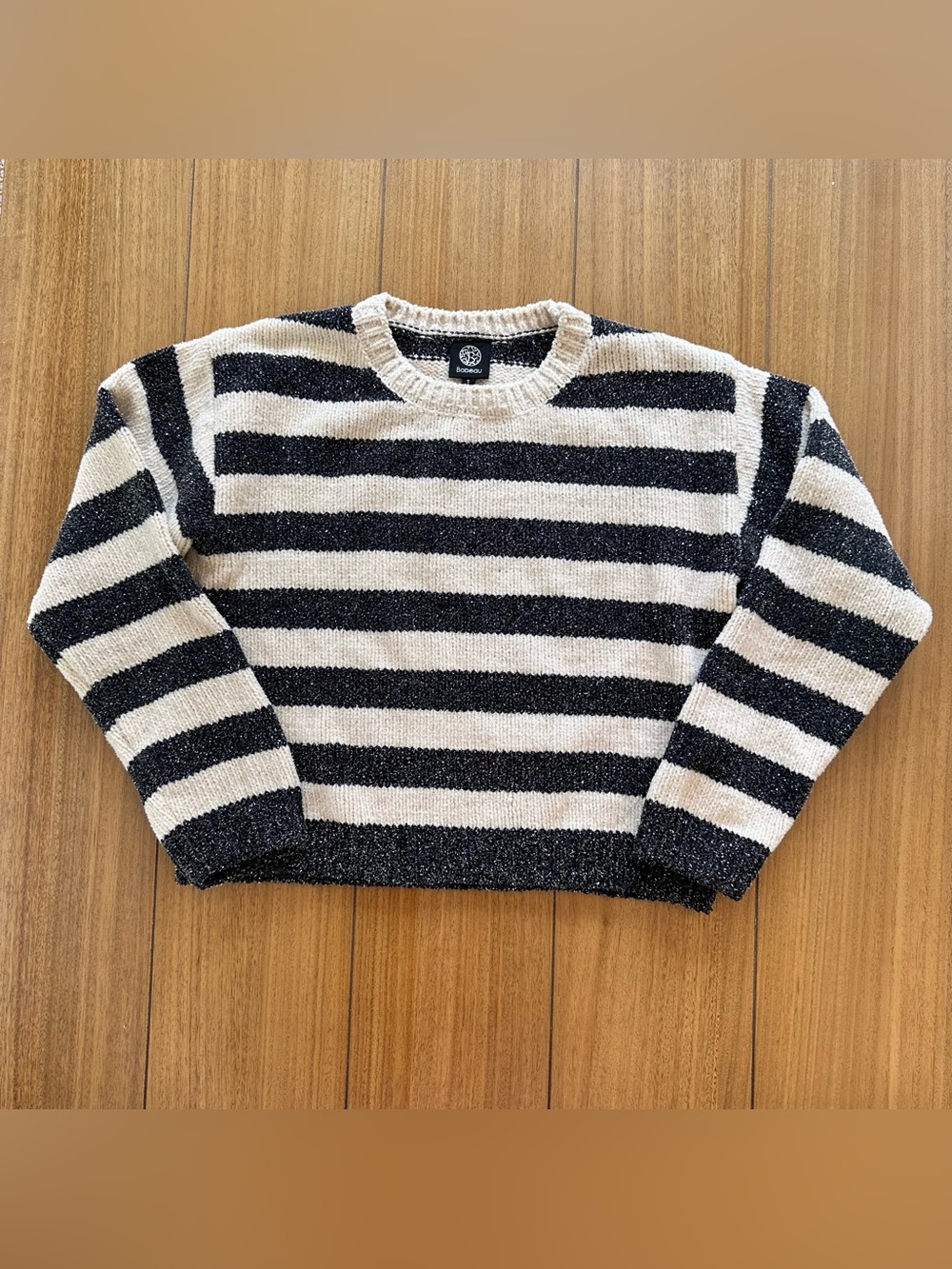 Bobeau Sweater Womens Small Beige Black Striped Chenille Glitter Knit Pullover